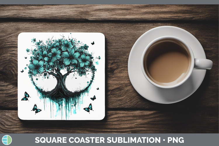 Teal Drips Tree of Life Square Coaster Sublimation Coaster D