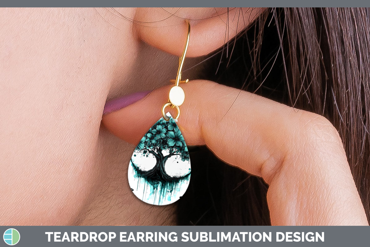 Teal Drips Tree of Life Teardrop Earrings Sublimation Earrin