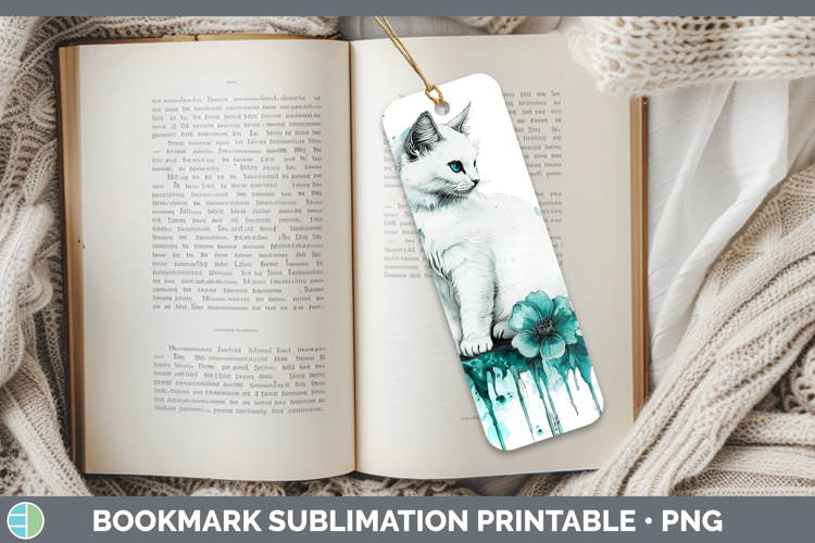 Teal Drips White Cat Bookmark Sublimation Printable Designs