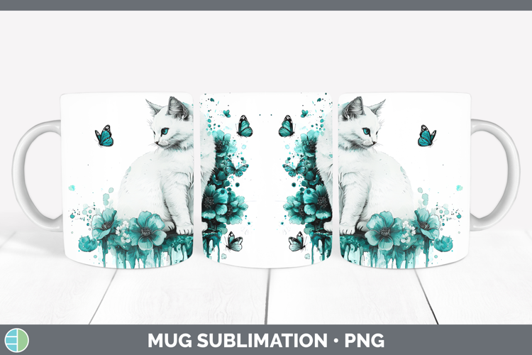 Teal Drips White Cat Mug Wrap Sublimation Coffee Cup Designs