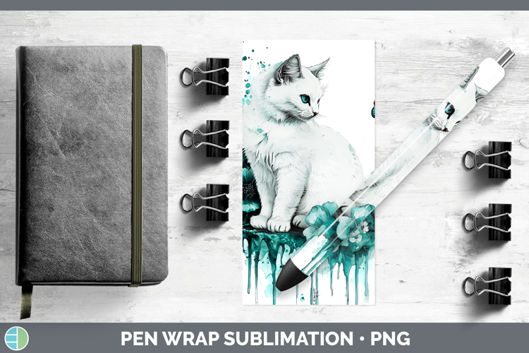 Teal Drips White Cat Pen Wrap Sublimation Pen Designs