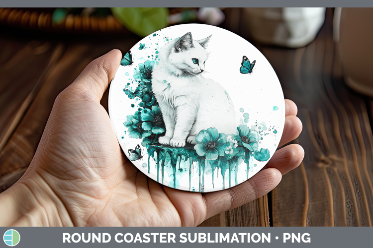 Teal Drips White Cat Round Coaster Sublimation Coaster Desig