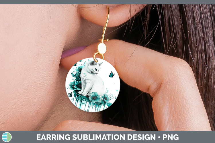 Teal Drips White Cat Round Earrings Sublimation Earrings Des