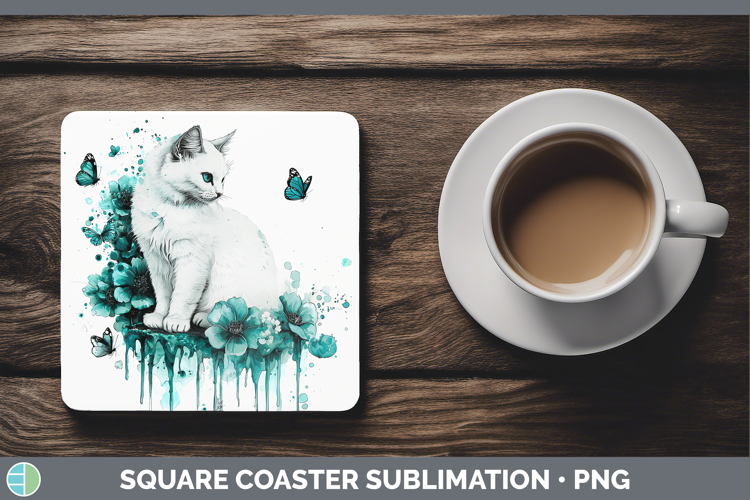 Teal Drips White Cat Square Coaster Sublimation Coaster Desi