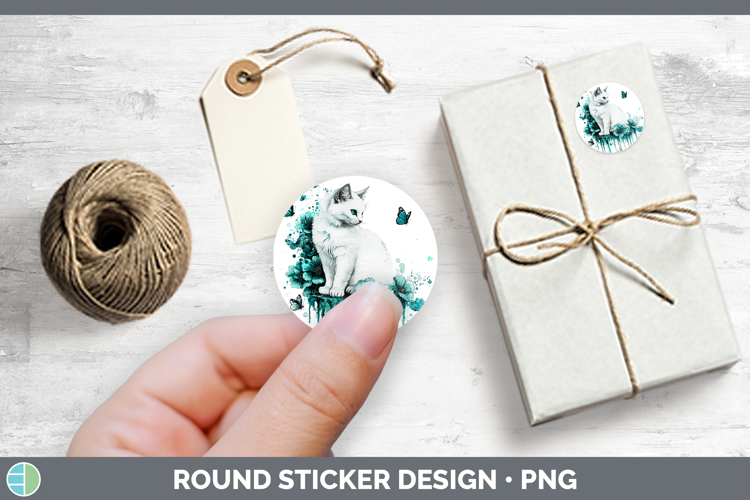 Teal Drips White Cat Stickers | Round Labels Designs