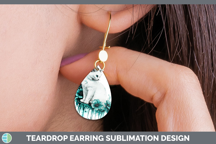 Teal Drips White Cat Teardrop Earrings Sublimation Earrings