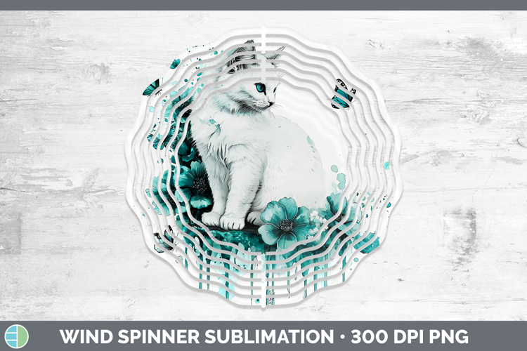 Teal Drips White Cat Wind Spinner Sublimation Spinner Design