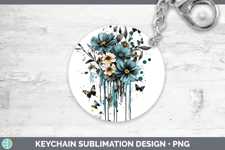 Teal Drips Wildflowers Keychain Sublimation Keyring Designs