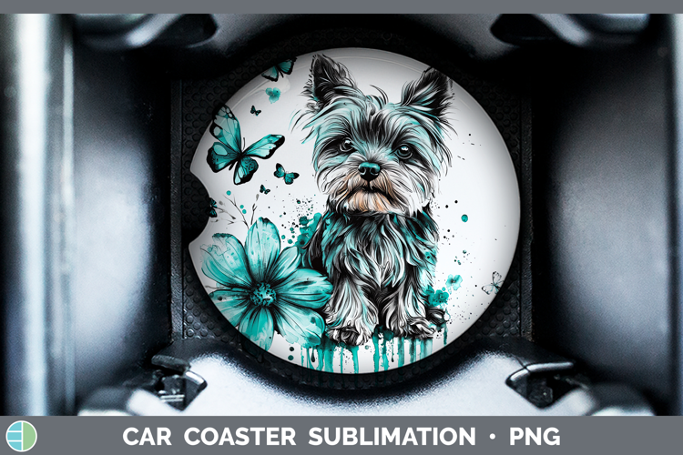 Teal Drips Yorkshire Terrier Car Coaster Sublimation Design