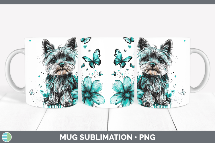Teal Drips Yorkshire Terrier Mug Wrap Sublimation Coffee Cup