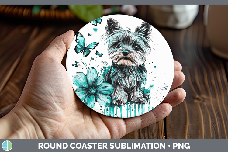 Teal Drips Yorkshire Terrier Round Coaster Sublimation Coast
