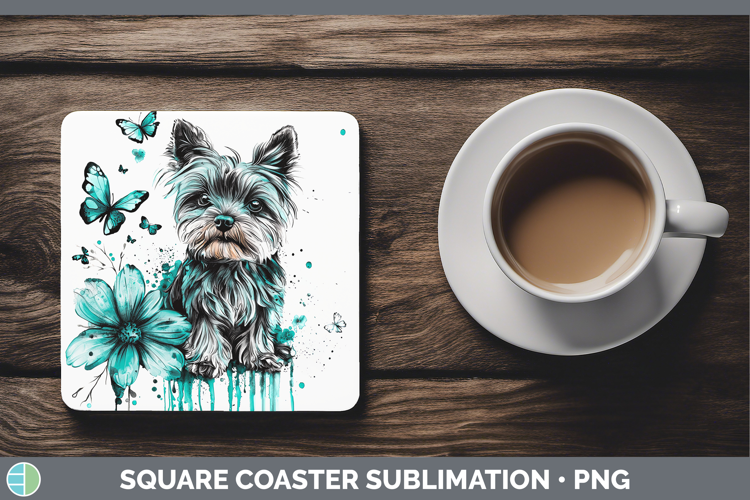 Teal Drips Yorkshire Terrier Square Coaster Sublimation Coas