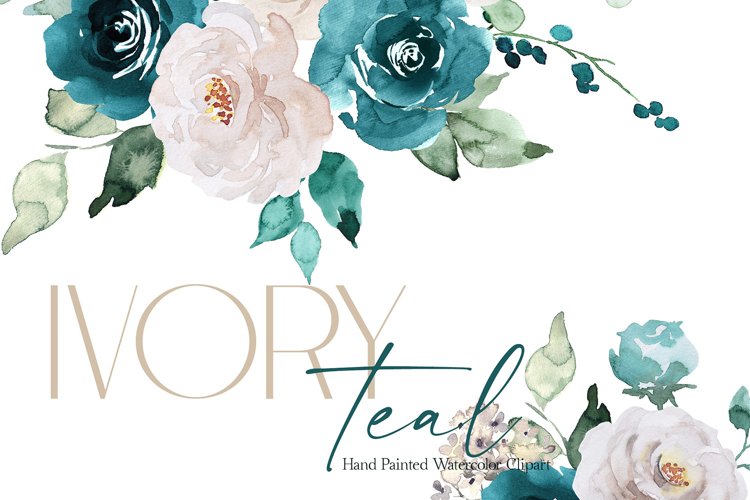 Teal Ivory Watercolor Floral Clipart White Flowers Spring