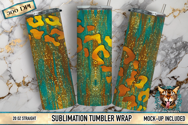 Teal & Gold Leopard 20oz Skinny Tumbler Wrap PNG