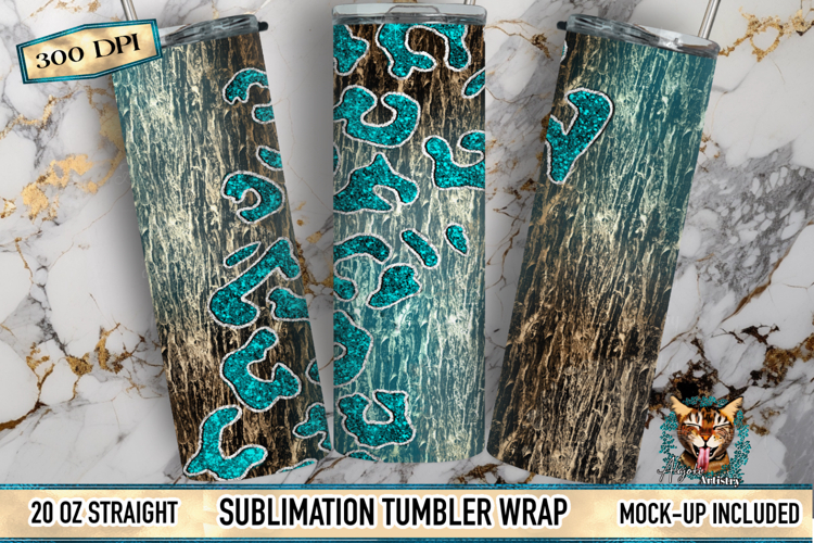 Teal Leopard Woodgrain Sublimation Tumbler Wrap