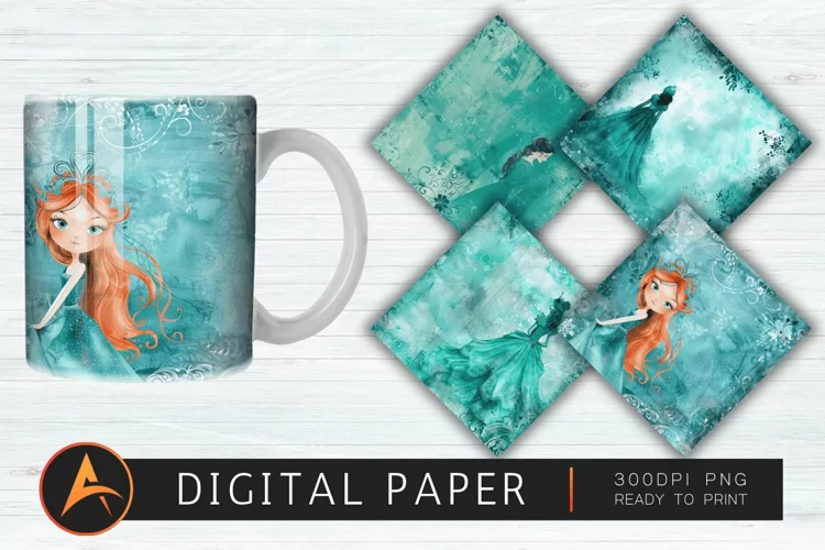 Teal Watercolor Princess Digital Paper PNG