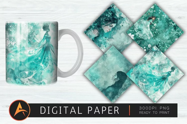 Teal Watercolor Princess Digital Paper