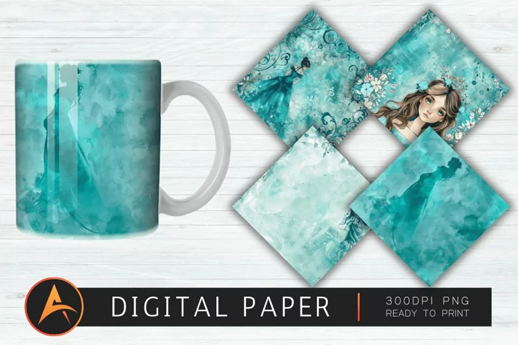 Teal Watercolor Princess Digital Paper PNG