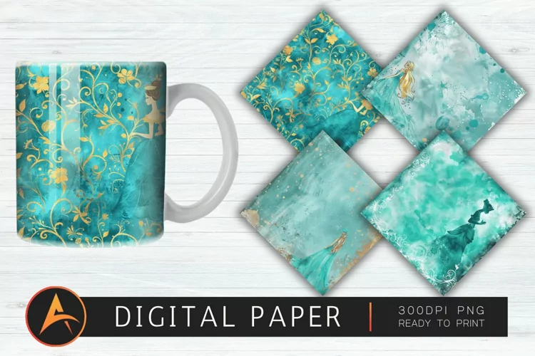 Teal Watercolor Princess Digital Paper PNG