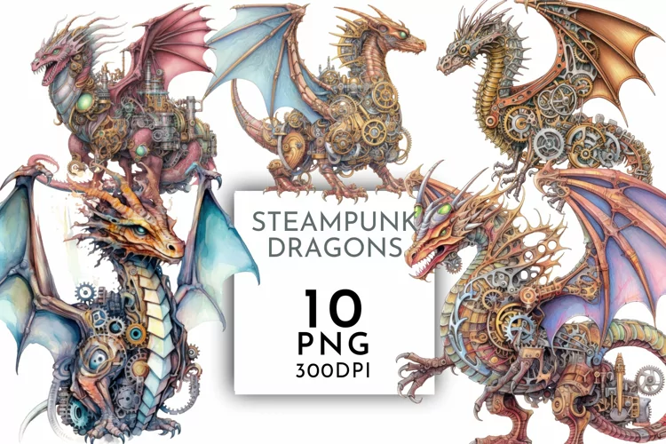 Steampunk Dragons Clipart | Watercolor Clipart
