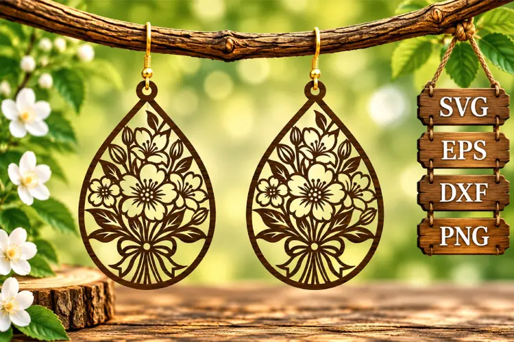 Teardrop Bouquet Earring Wood Laser SVG