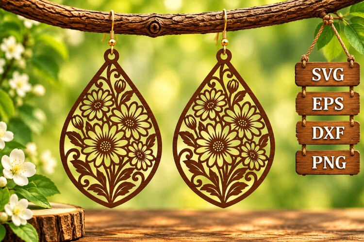 Teardrop Daisy Earring Wood Laser SVG File example image 1