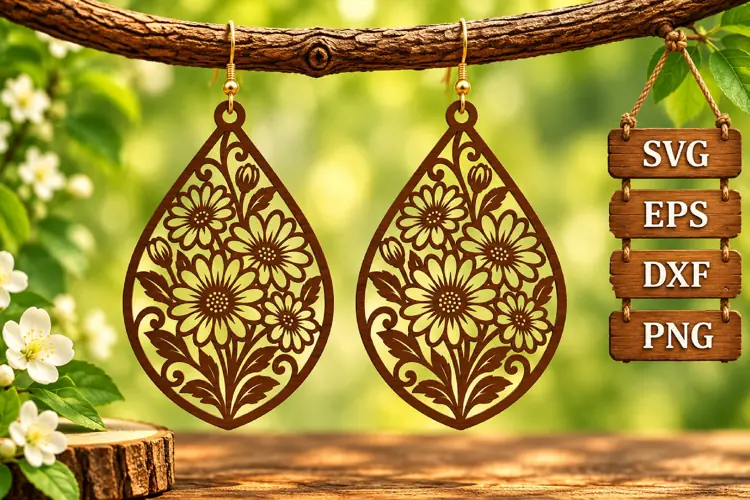 Teardrop Daisy Earring Wood Laser SVG File