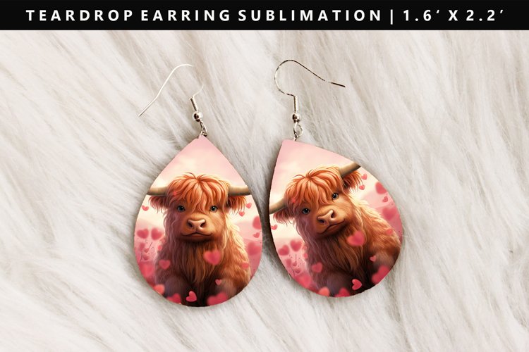 Highland Cow Teardrop Earring Sublimation PNG Design example image 1