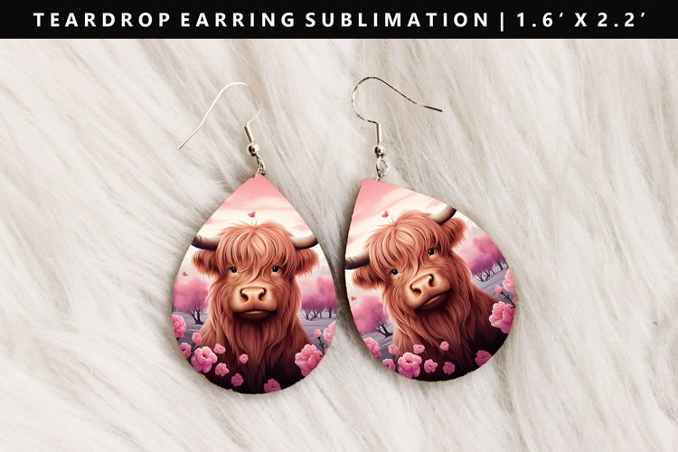Highland Cow Teardrop Earring Sublimation PNG Design