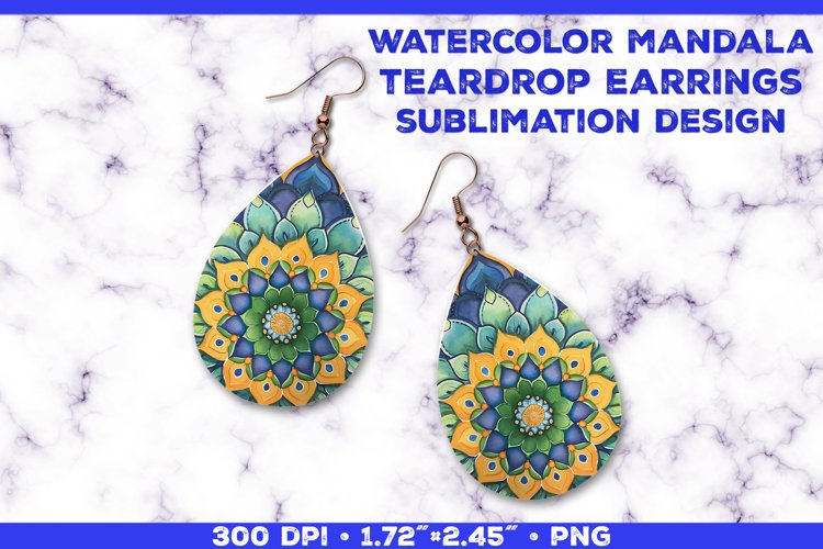 Watercolor Mandala Teardrop Earrings Sublimation Design