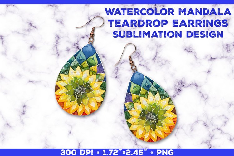 Watercolor Mandala Teardrop Earrings Sublimation Design example image 1