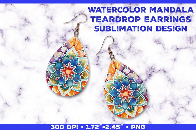 Watercolor Mandala Teardrop Earrings Sublimation Design example image 1