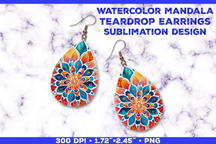 Watercolor Mandala Teardrop Earrings Sublimation Design example image 1