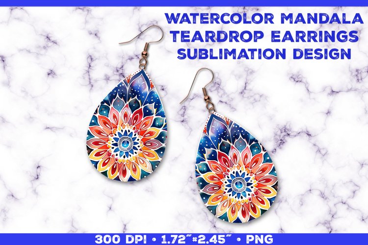 Watercolor Mandala Teardrop Earrings Sublimation Design example image 1