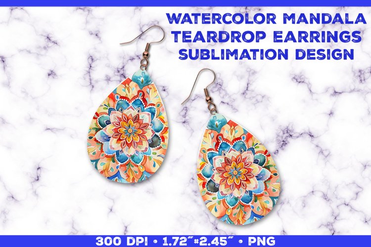 Watercolor Mandala Teardrop Earrings Sublimation Design example image 1