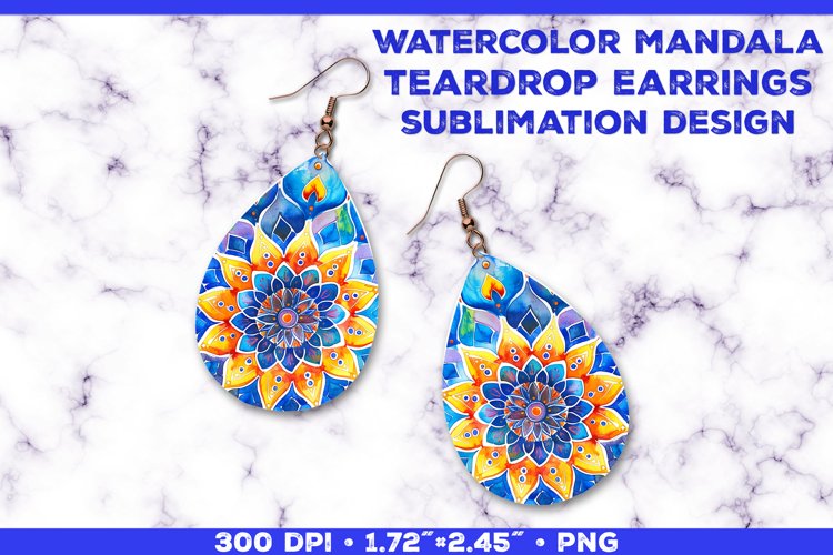 Watercolor Mandala Teardrop Earrings Sublimation Design