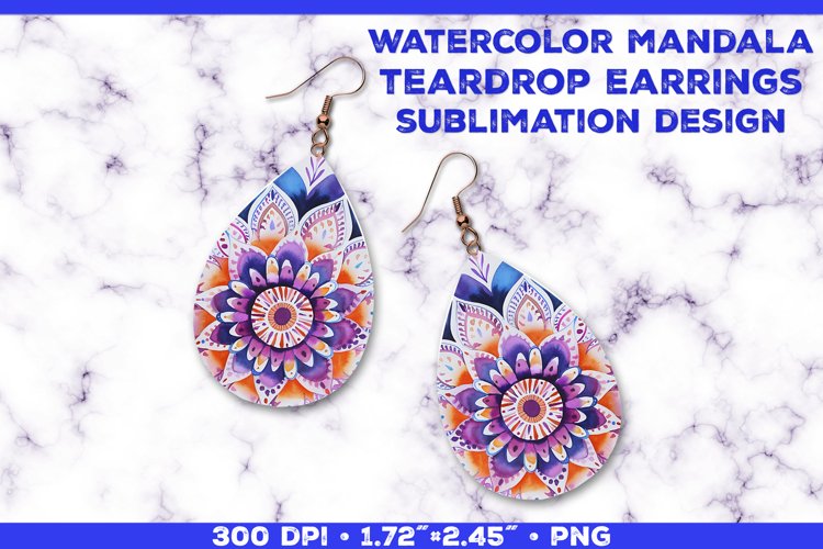 Watercolor Mandala Teardrop Earrings Sublimation Design