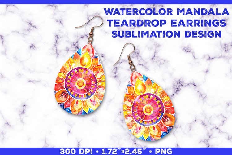 Watercolor Mandala Teardrop Earrings Sublimation Design