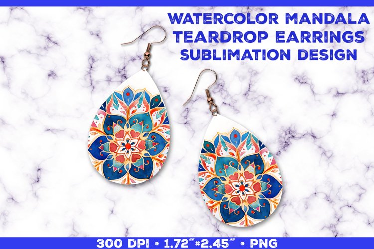 Watercolor Mandala Teardrop Earrings Sublimation Design