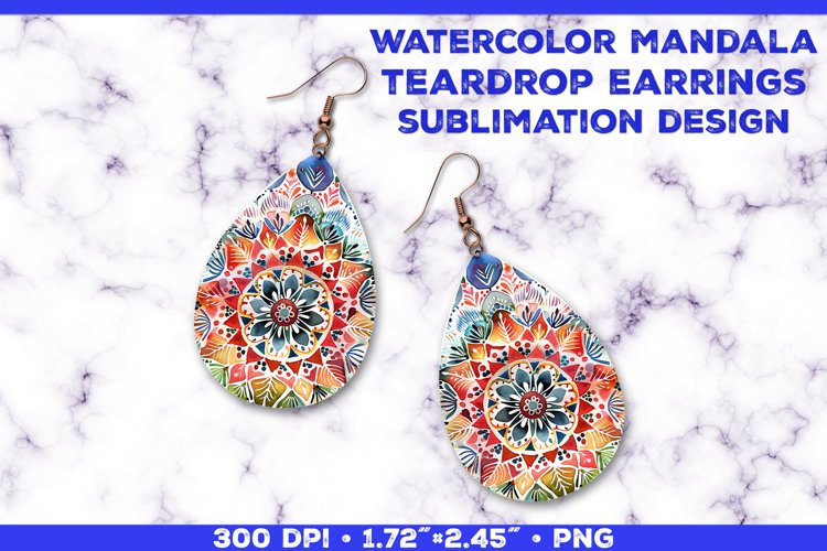 Watercolor Mandala Teardrop Earrings Sublimation Design