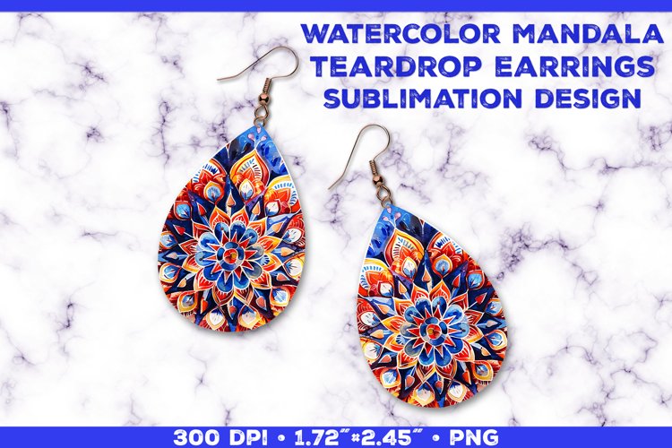 Watercolor Mandala Teardrop Earrings Sublimation Design