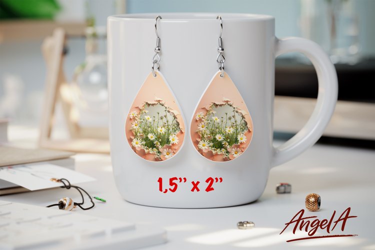 3d Flower sublimation teardrop earrings, white chamomile