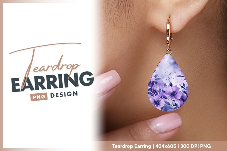 Watercolor Purple Flowers and Leaves teardrop earring
