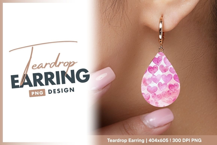 Pink Watercolor Hearts Pattern on White teardrop earring