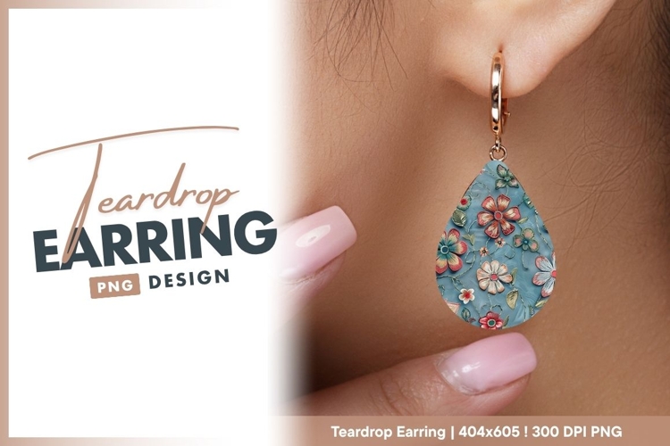 Embroidered Floral Pattern on Blue Fabric teardrop earring example image 1