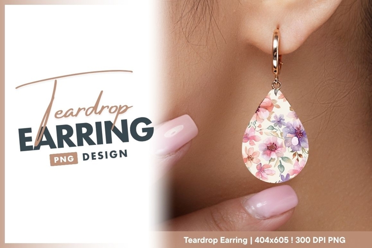 Watercolor Floral Pattern of Pink Purple teardrop earring example image 1