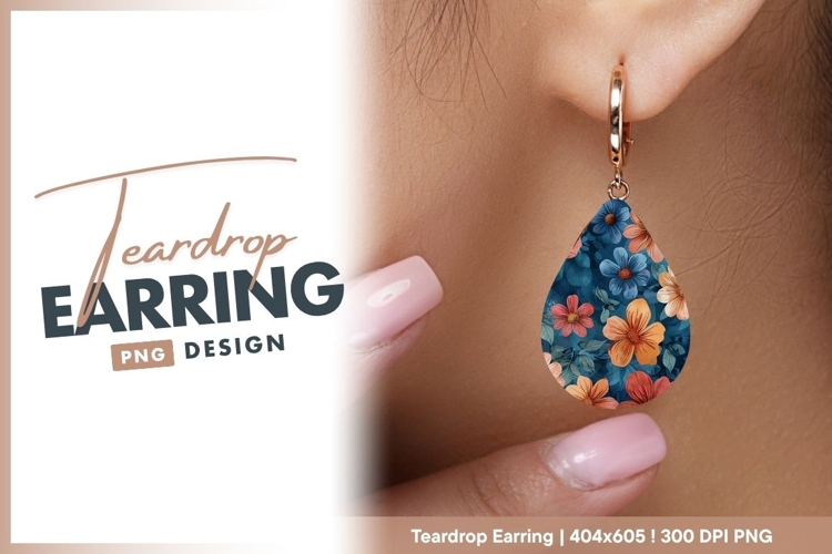Watercolor Floral Pattern with Orange Pink teardrop earring example image 1