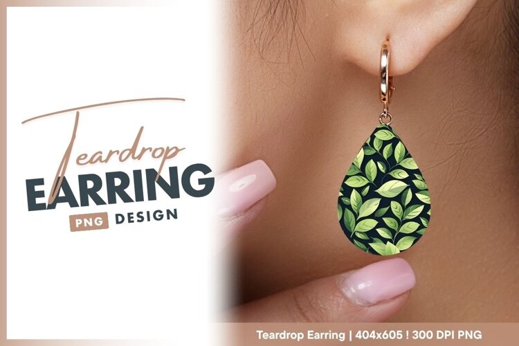Green Leafy Branches on Dark Blue teardrop earring example image 1