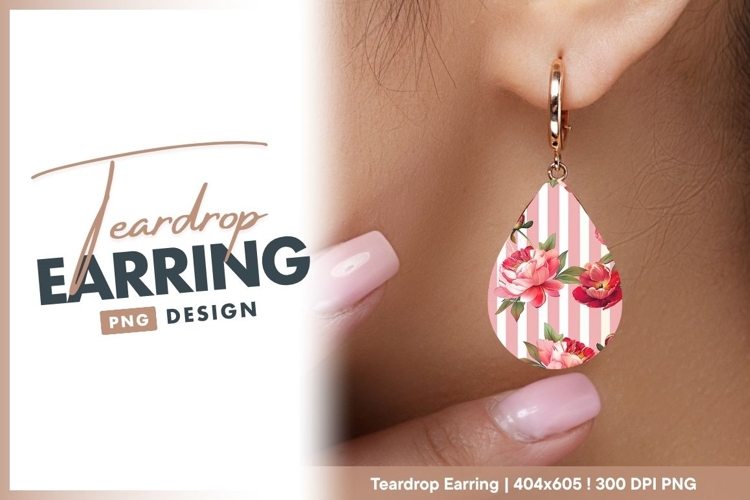 Pink Peonies On Striped teardrop earring png