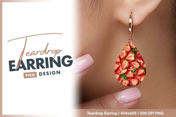 Sliced Strawberries And Mint In teardrop earring png